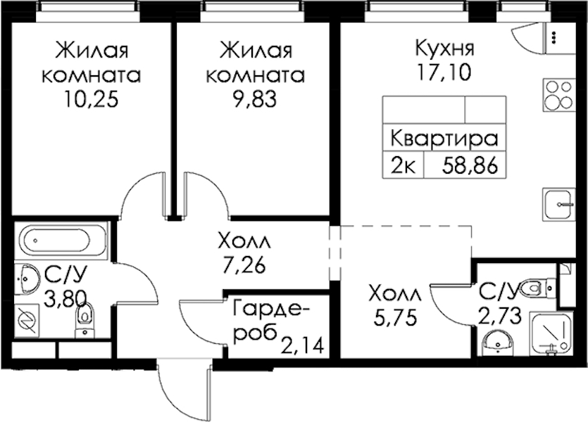 2-комнатная квартира 58.86 м², 1/15 эт., ЖК «Янинский лес»